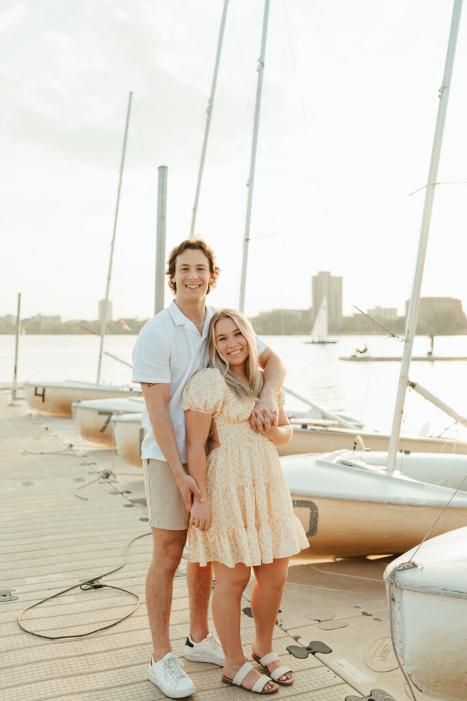 sunny engagement photos at the lake in Minnesota
