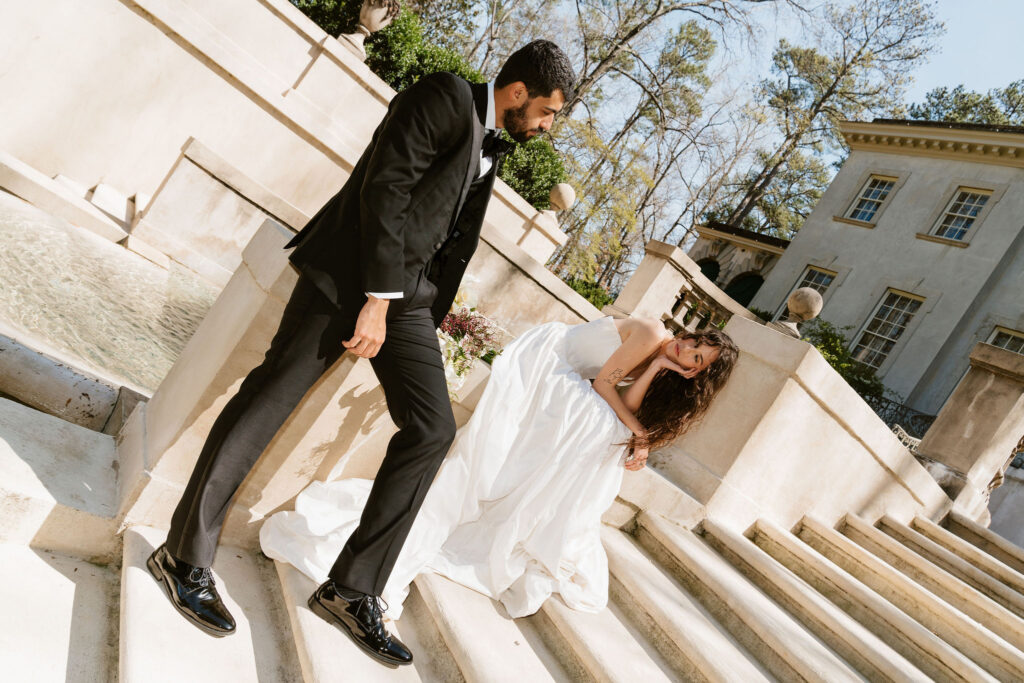 editorial style wedding photography on the steps of Swan House