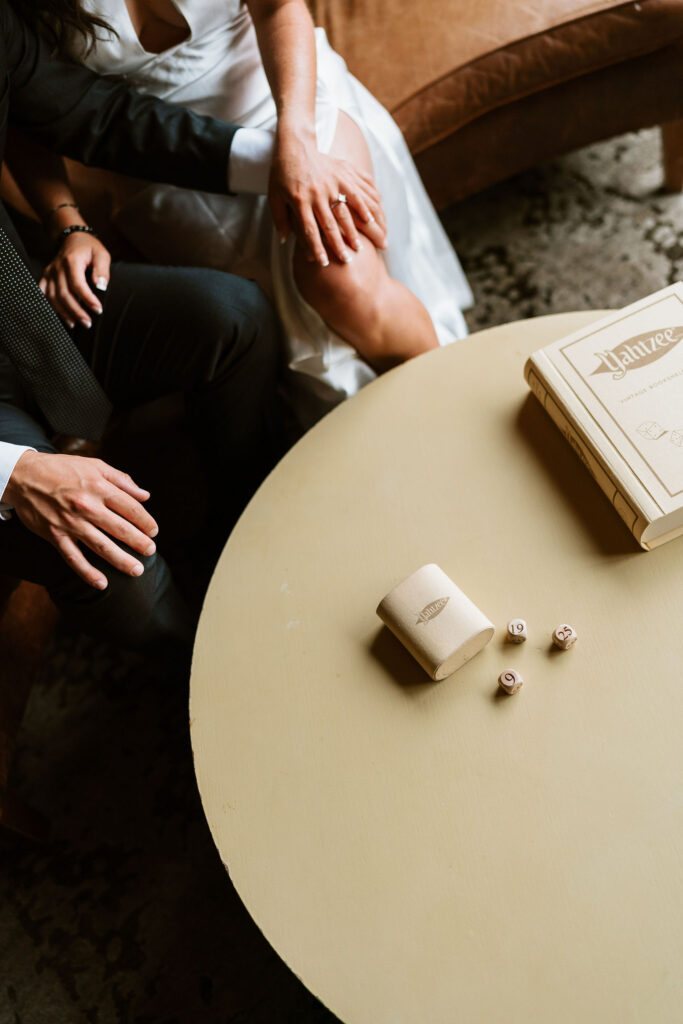 Custom Yahtzee die with the couples wedding date