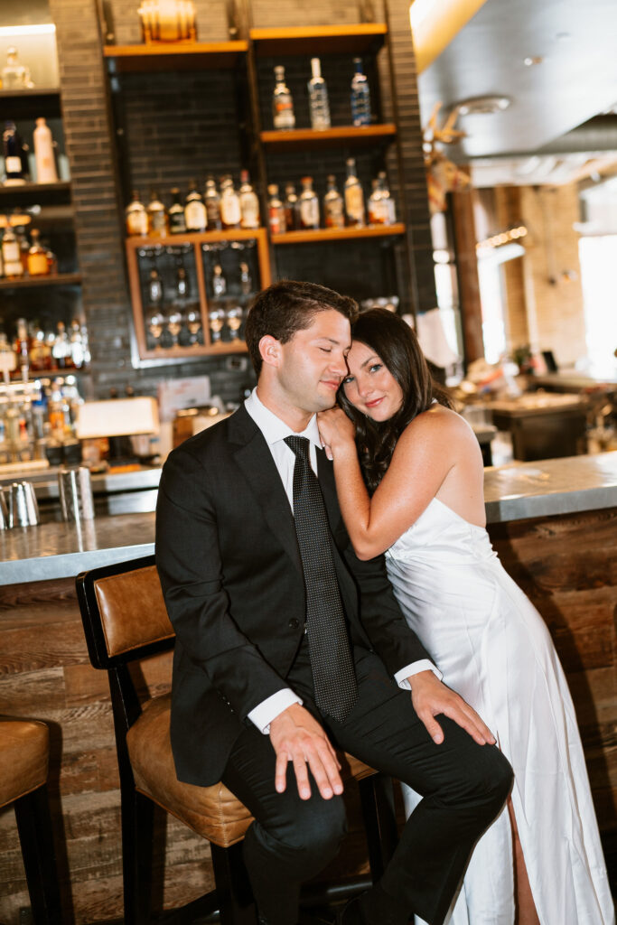 Engagement photos in the Hewing Hotel bar