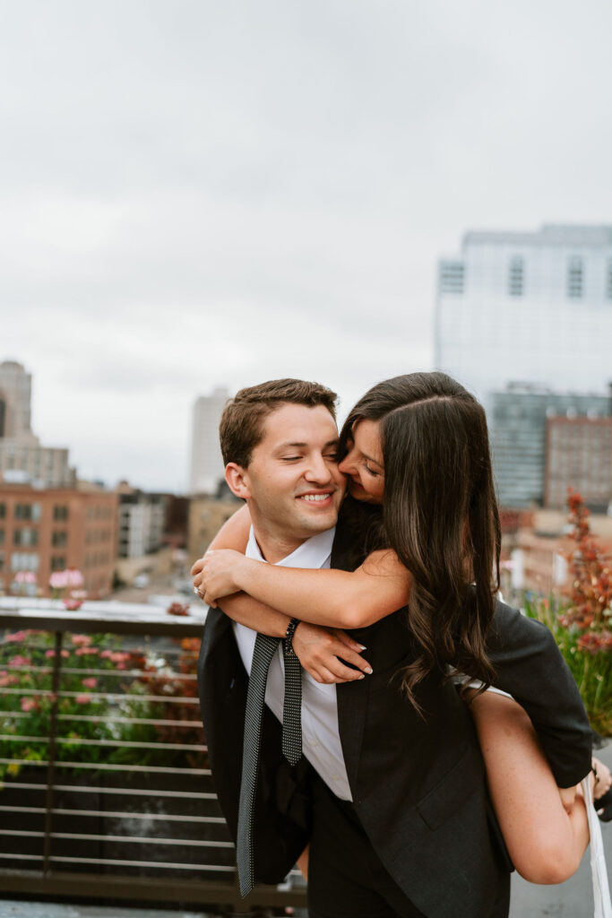 Rooftop engagement photos on the Hewing Hotel