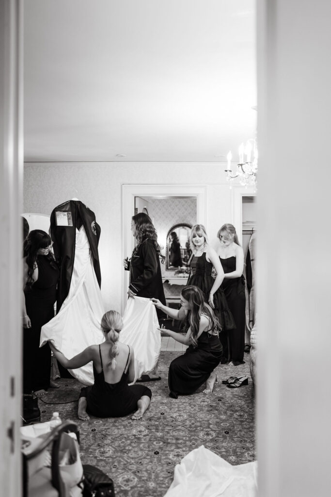 Bride and bridesmaids getting ready in the bridal suite