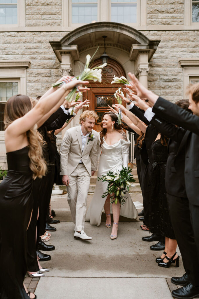 Documentary wedding day with bride and groom and their wedding party