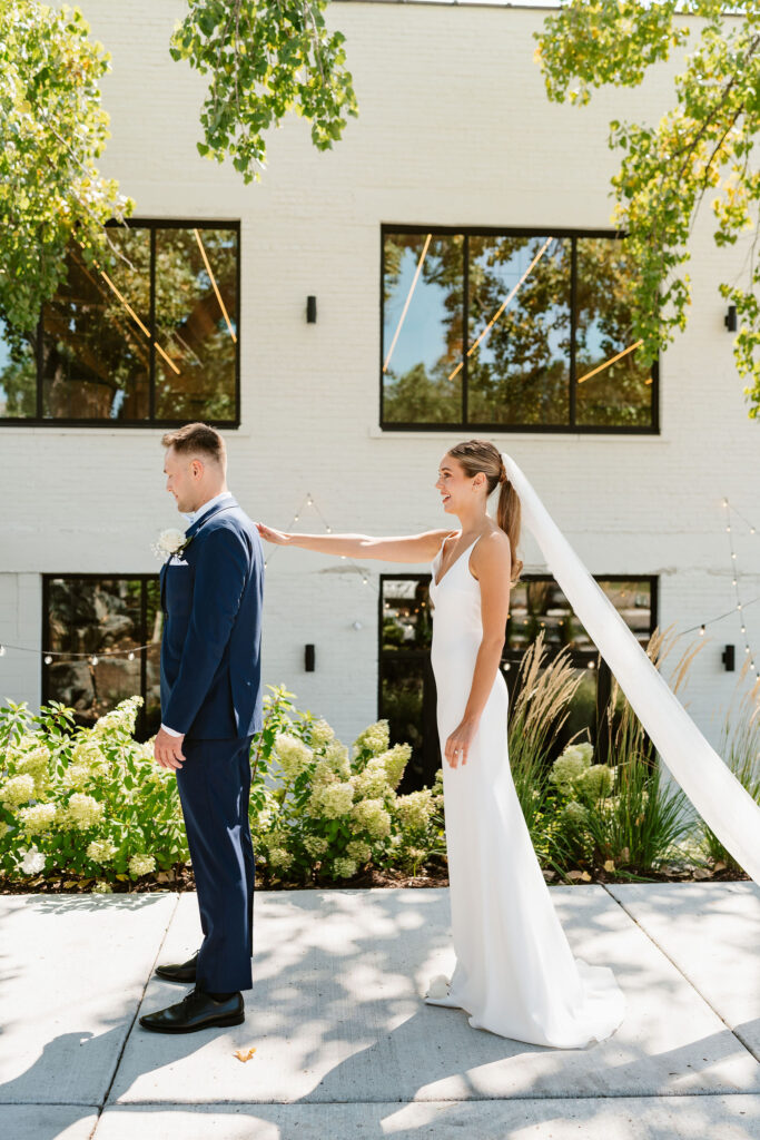 Documentary style first look photos at The Lowlands for a summer wedding