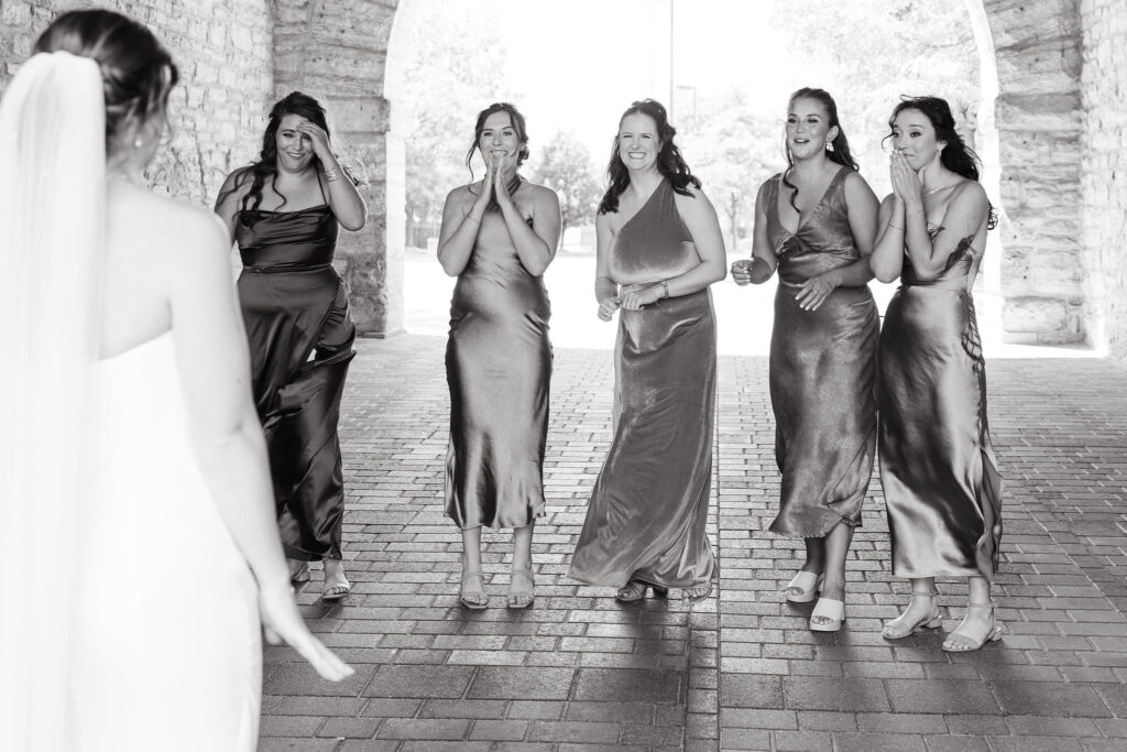 Bride first look with her bridesmaids