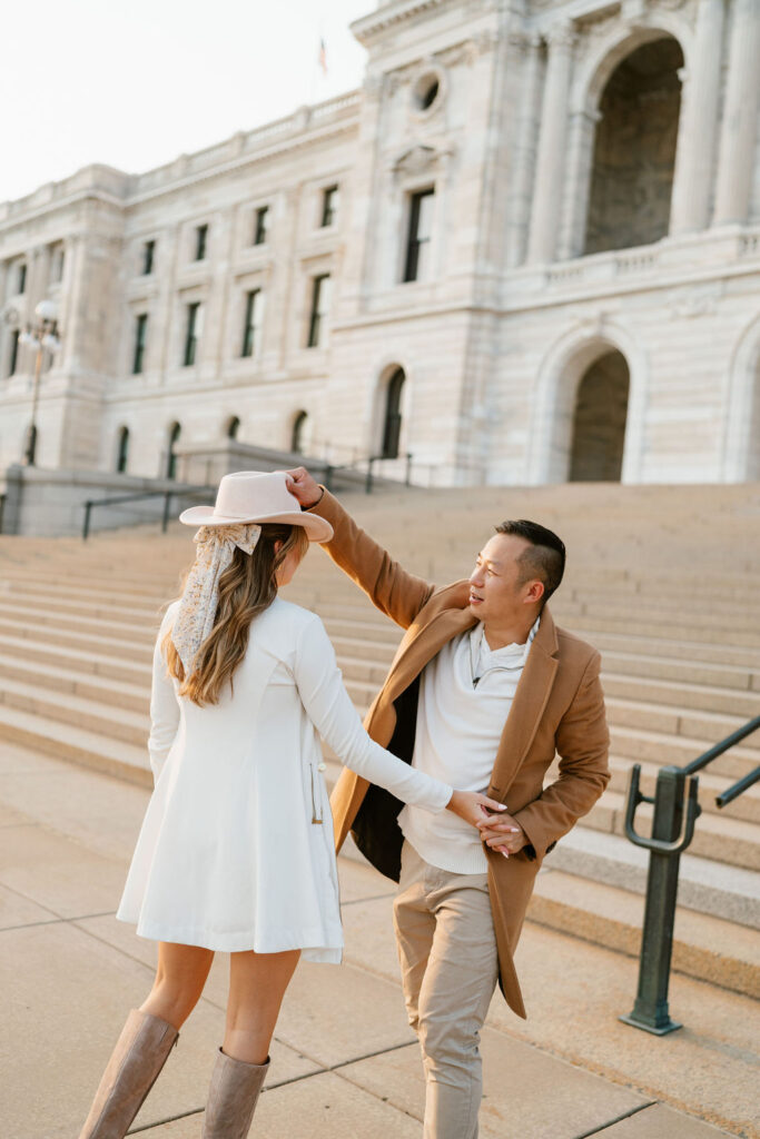 documentary-style engagement photos at the Minnesota Capitol Building