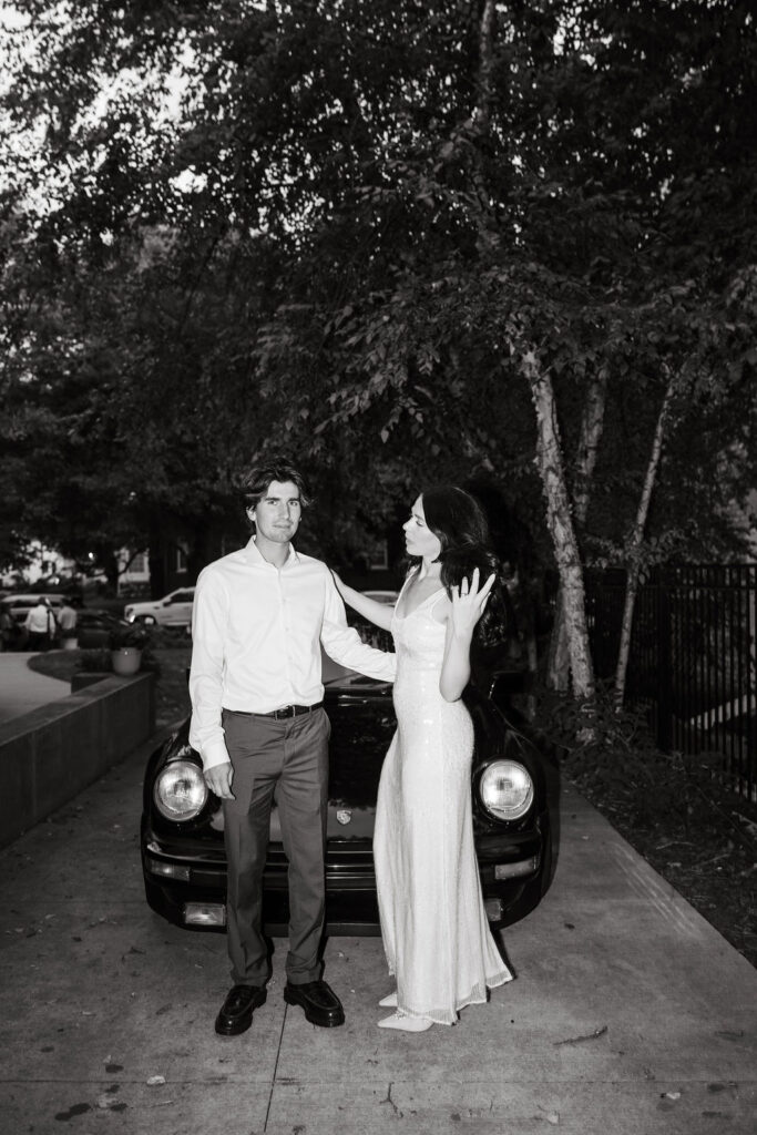 Bride and groom photos with a vintage Porsche