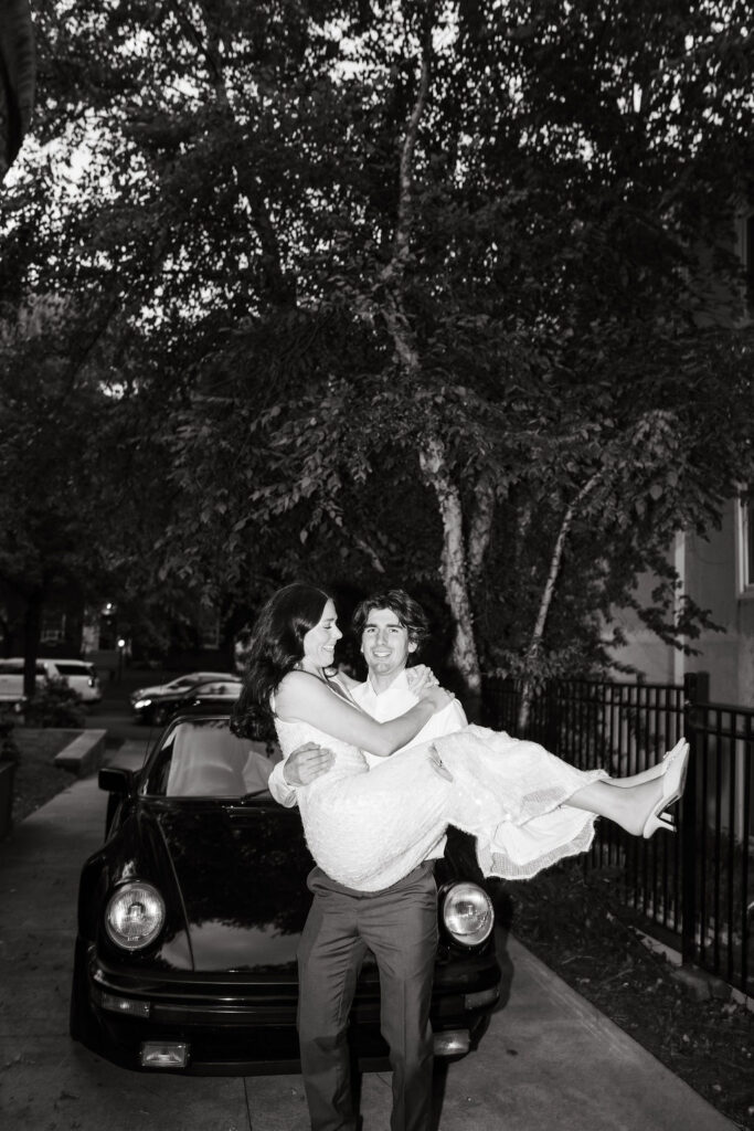 Bride and groom photos with a vintage Porsche