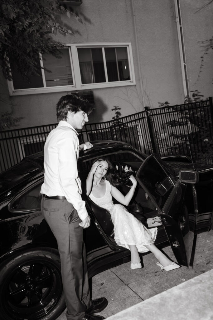 Bride and groom photos with a vintage Porsche