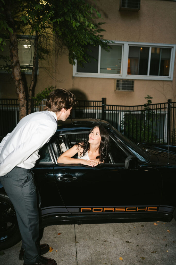Bride and groom photos with a vintage Porsche