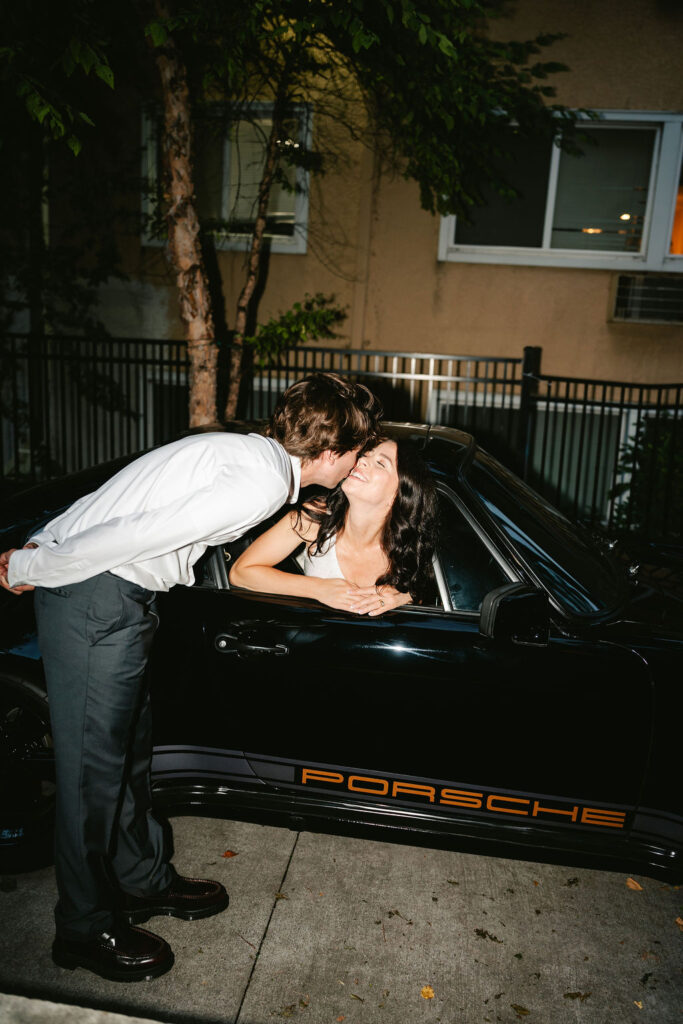 Bride and groom photos with a vintage Porsche