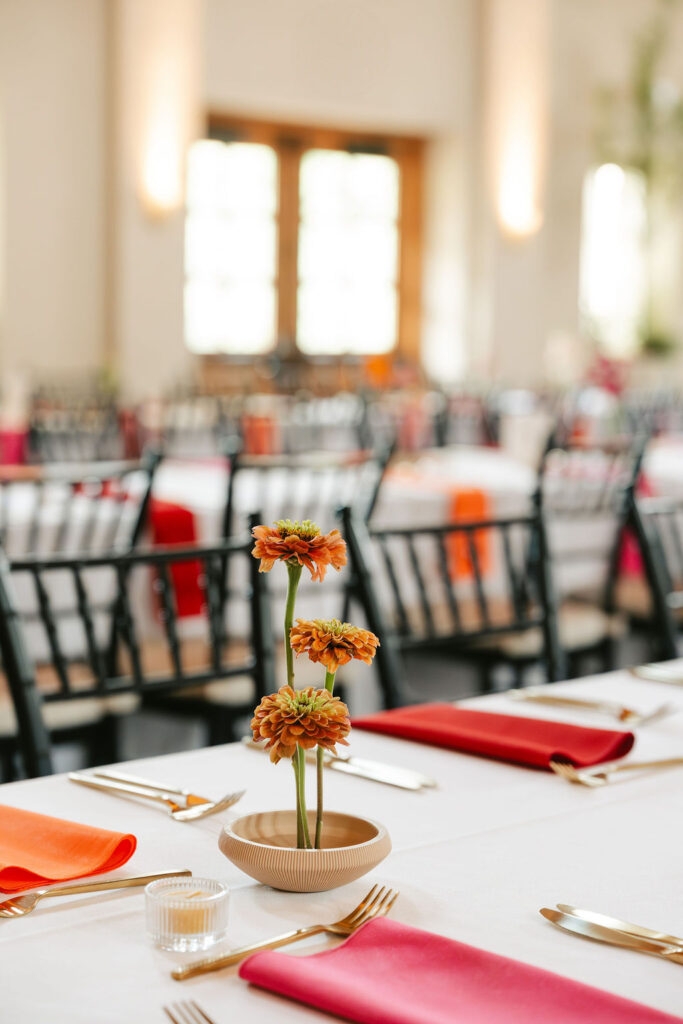 Colorful wedding table settings in Pepin, Wisconsin
