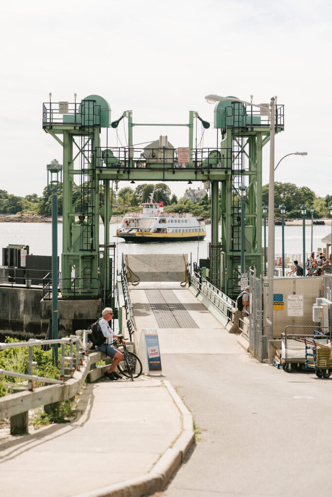 Wedding guests arriving on the ferry to Peaks Island