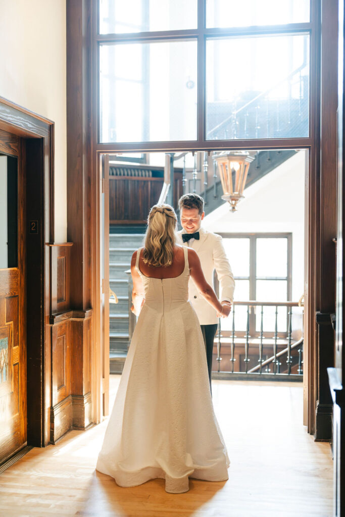 Bride and groom first look at Minneapolis Club
