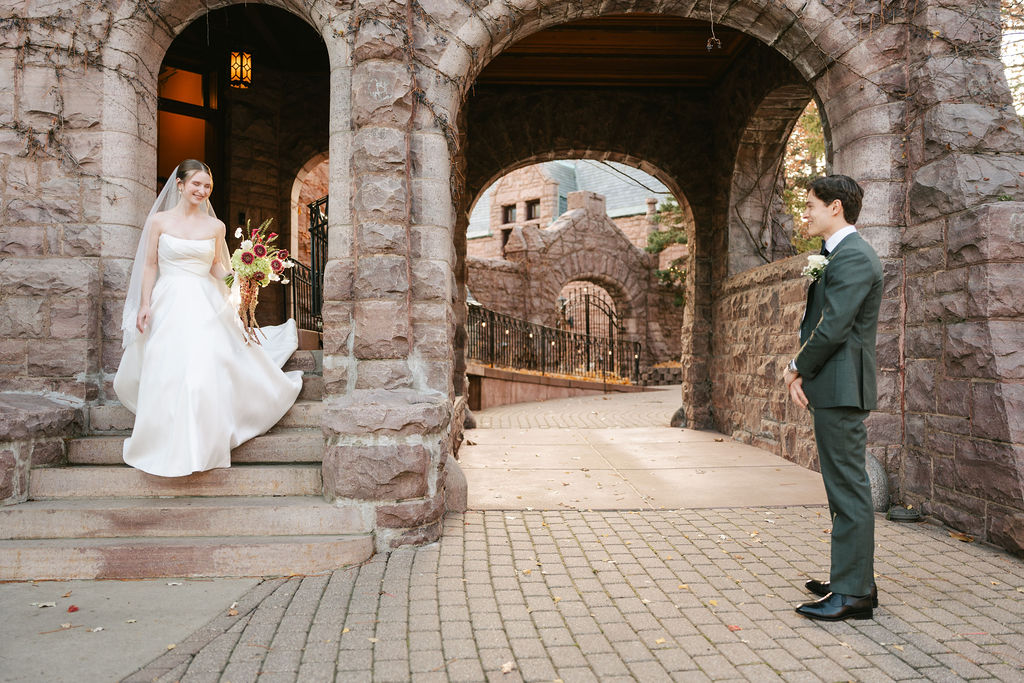Bride and groom outside The Van Dusen Mansion