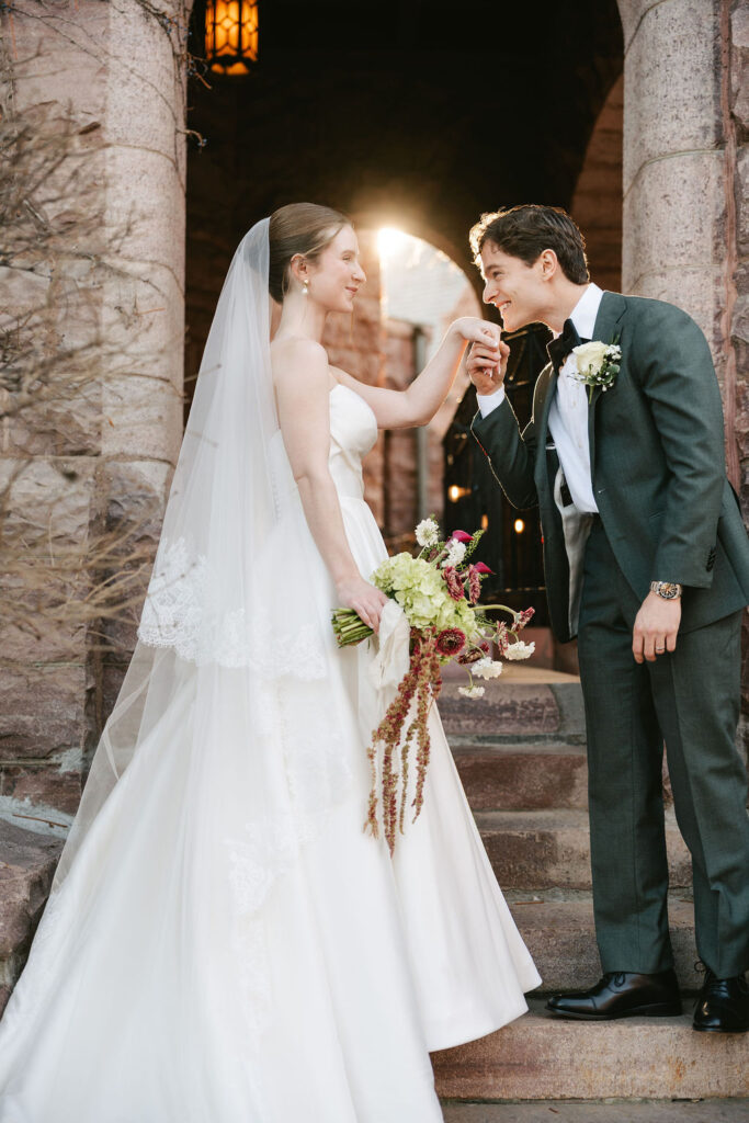Bride and groom outside The Van Dusen Mansion