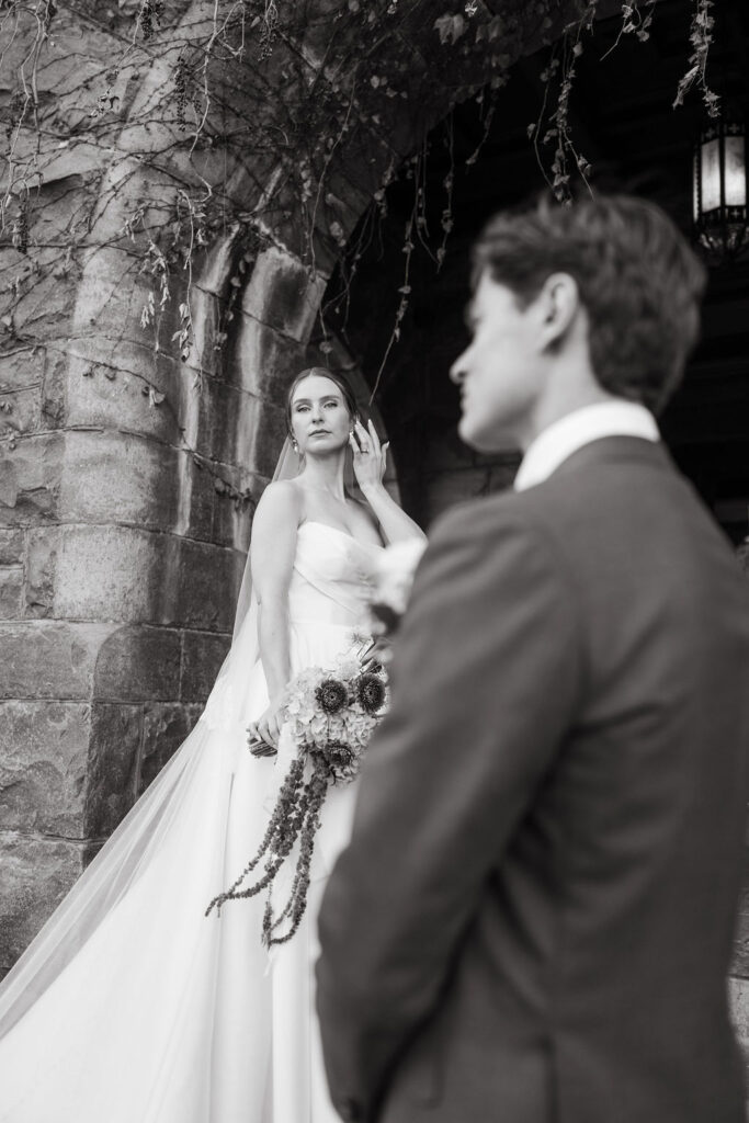 Bride and groom outside The Van Dusen Mansion