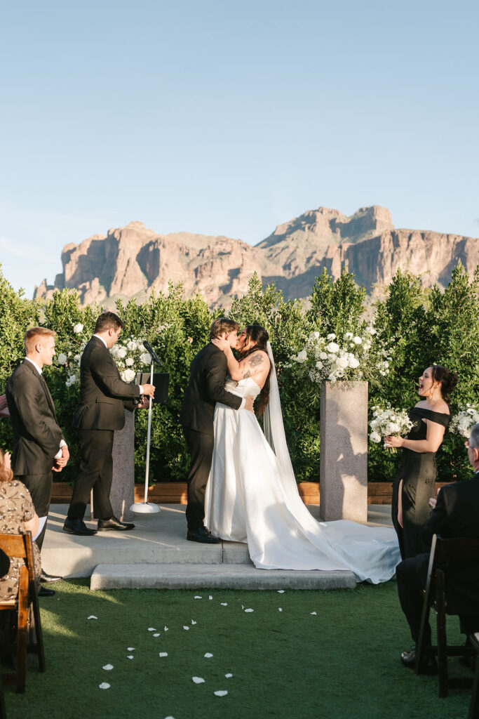 Arizona desert wedding ceremony at The Paseo with the Superstition Mountains in the backdrop
