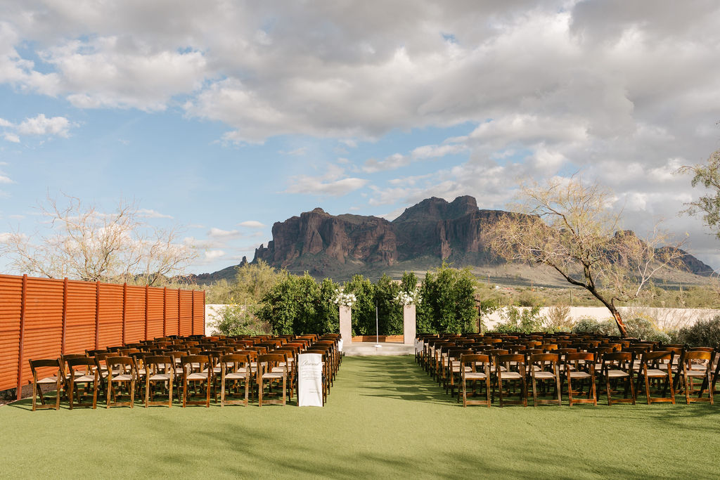 Ceremony space at The Paseo wedding venue with the Superstition Mountains in the backdrop