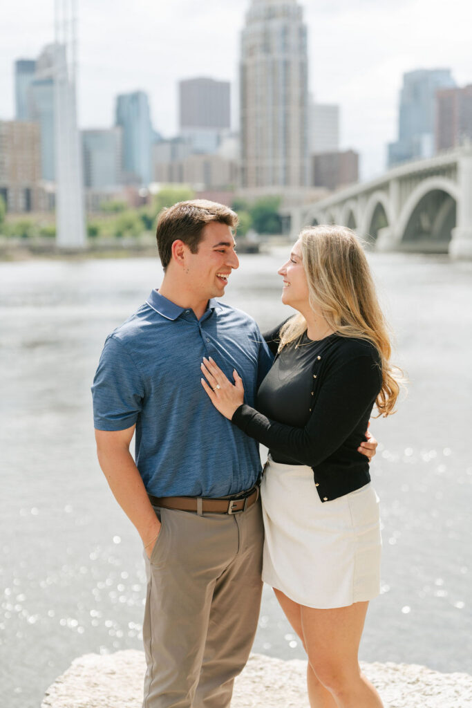 Downtown Minneapolis engagement photos after a surprise proposal