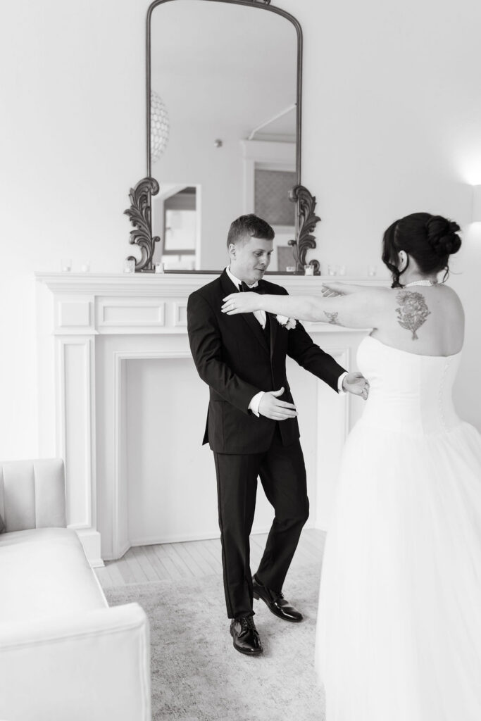 Bride and groom first look moments at Synclaire Events Venue